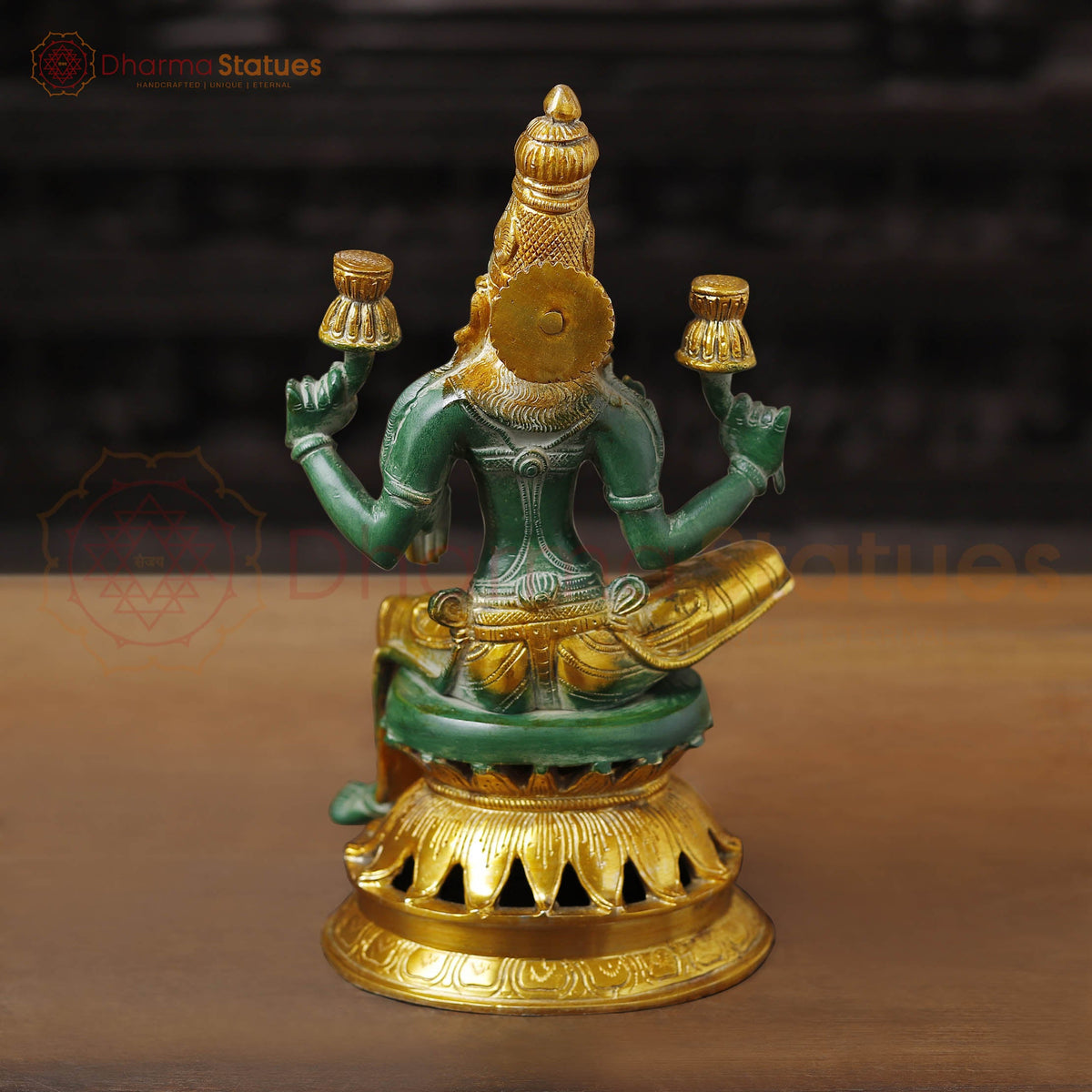 Brass Lakshmi Statue, Sitting and Showering Wealth, Emerald Finish with Golden Accents, 12"