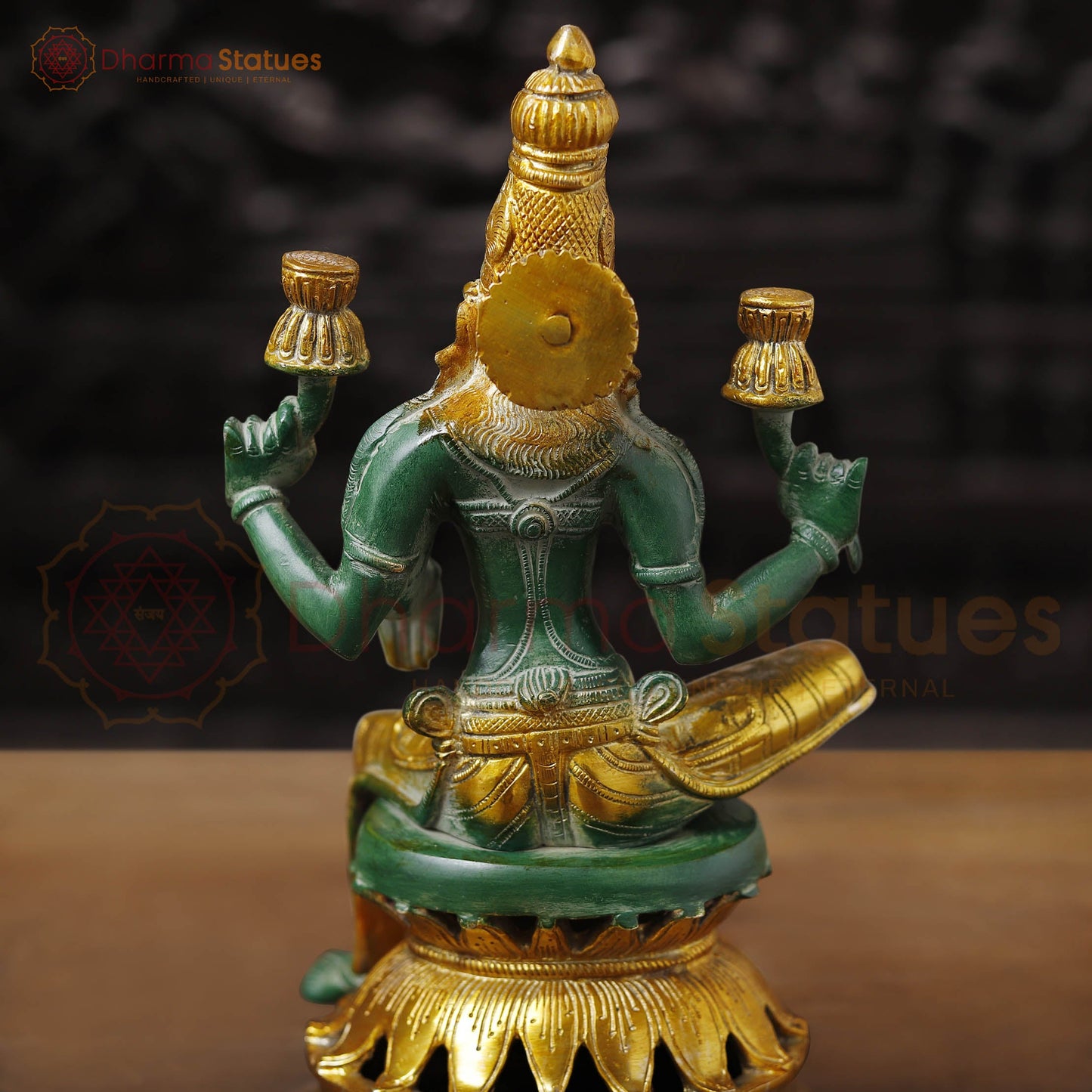 Brass Lakshmi Statue, Sitting and Showering Wealth, Emerald Finish with Golden Accents, 12"