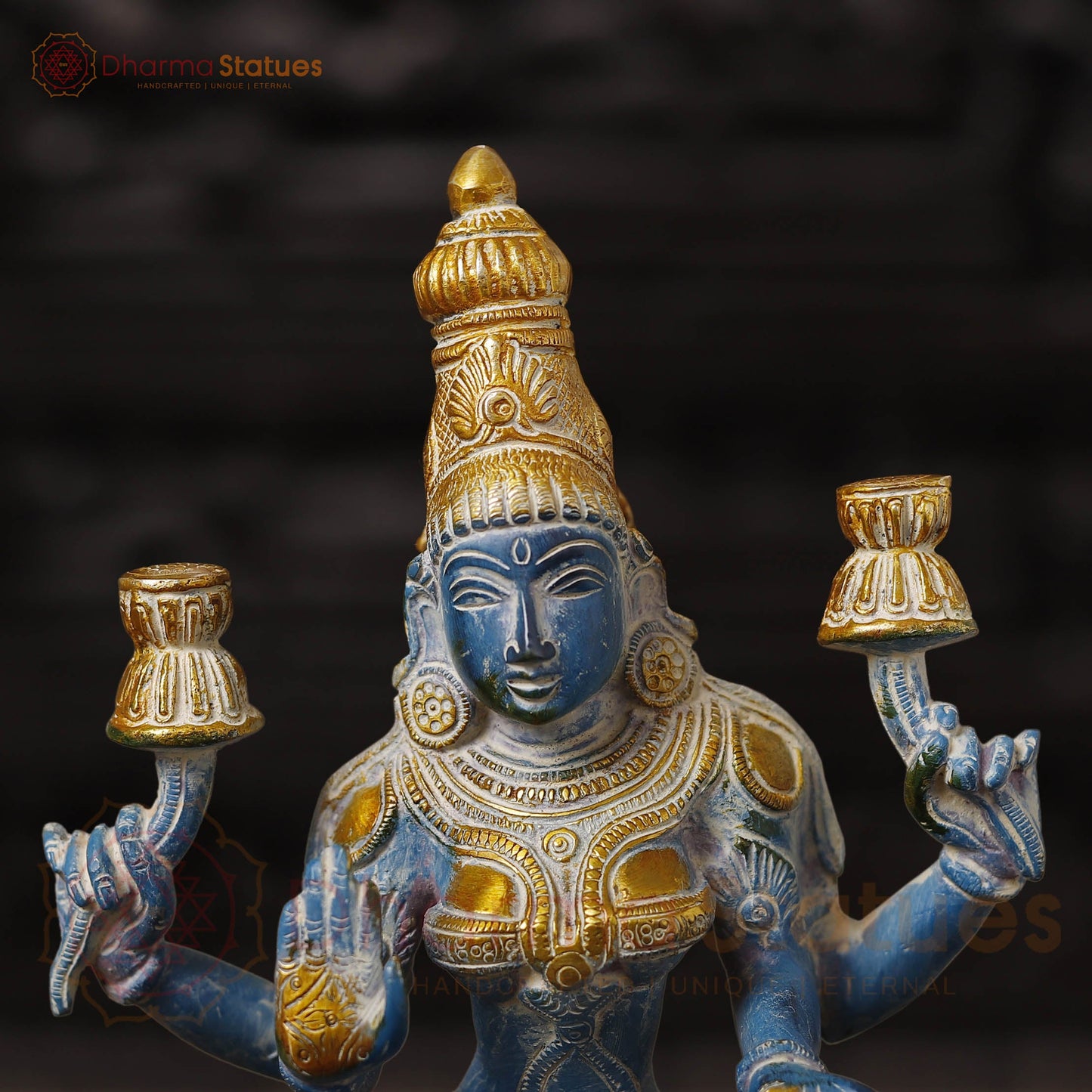 Brass Lakshmi Idol, Goddess of Wealth, Rustic Blue Patina with Gold Accrnts, 12"