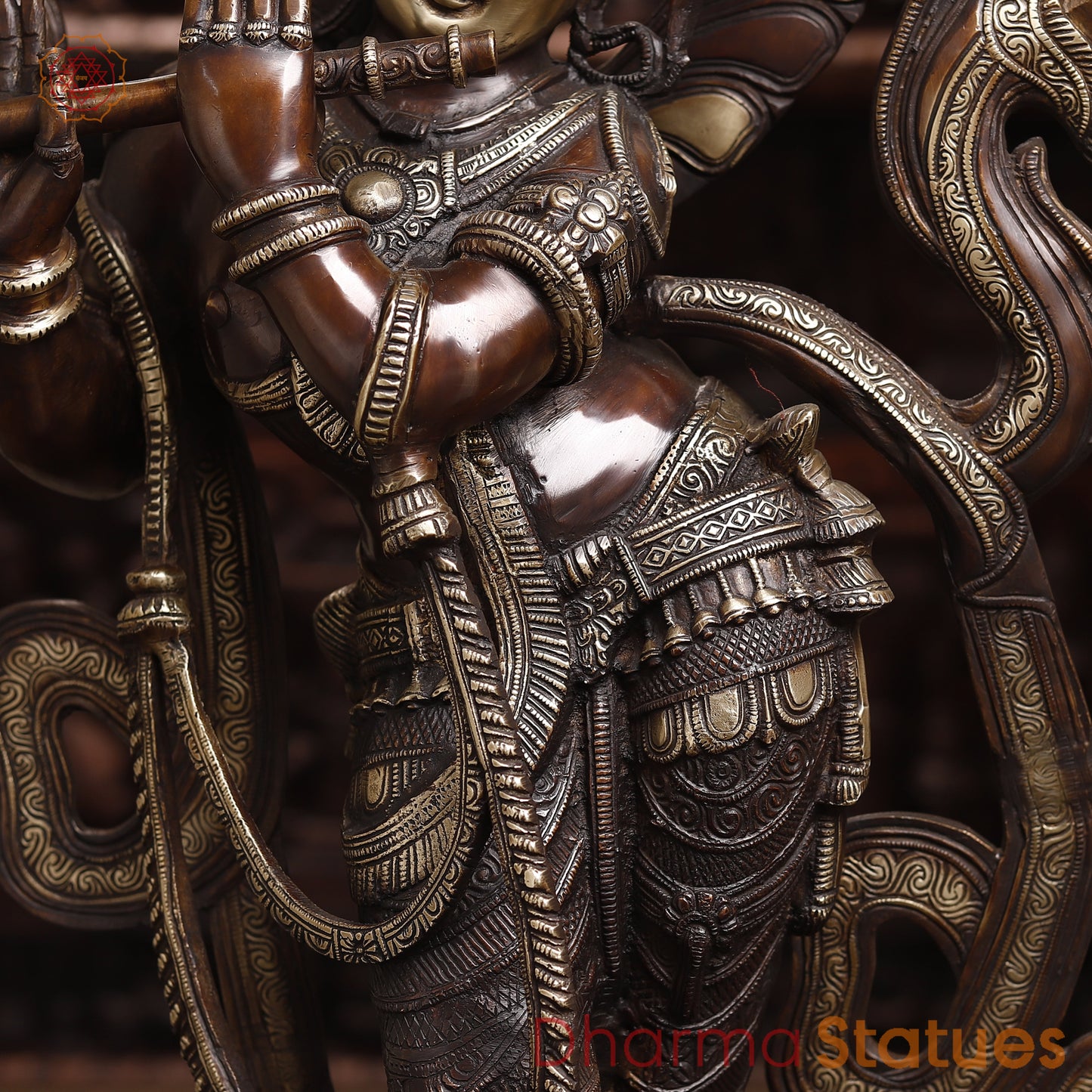 Brass Krishna Playing Flute, Copper & Golden Finish, 35"
