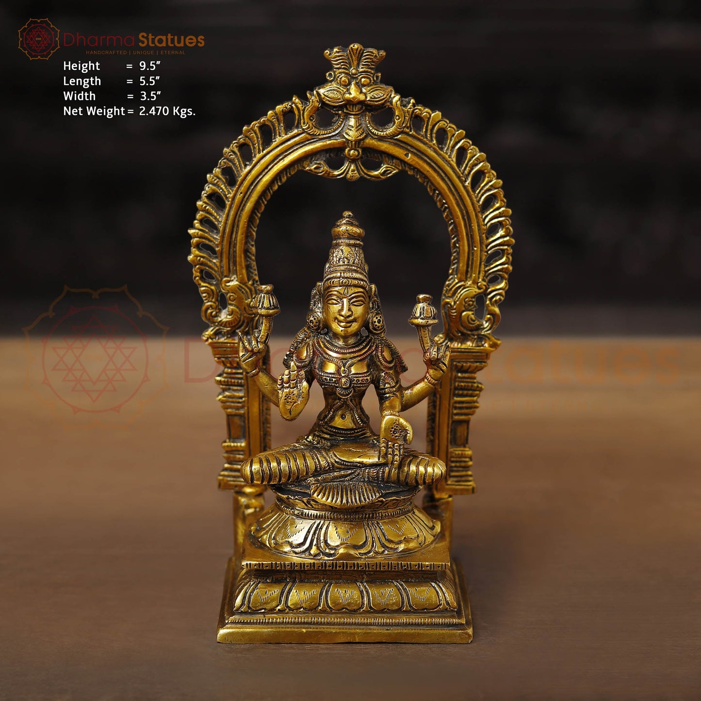 Lakshmi Brass Idol, Sitting on a Pedestal, Golden Fine work 9.5"