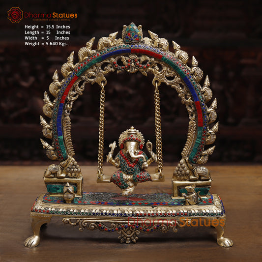 Brass Ganesh on a Swing, Stonework & Golden Finish, 15.5"