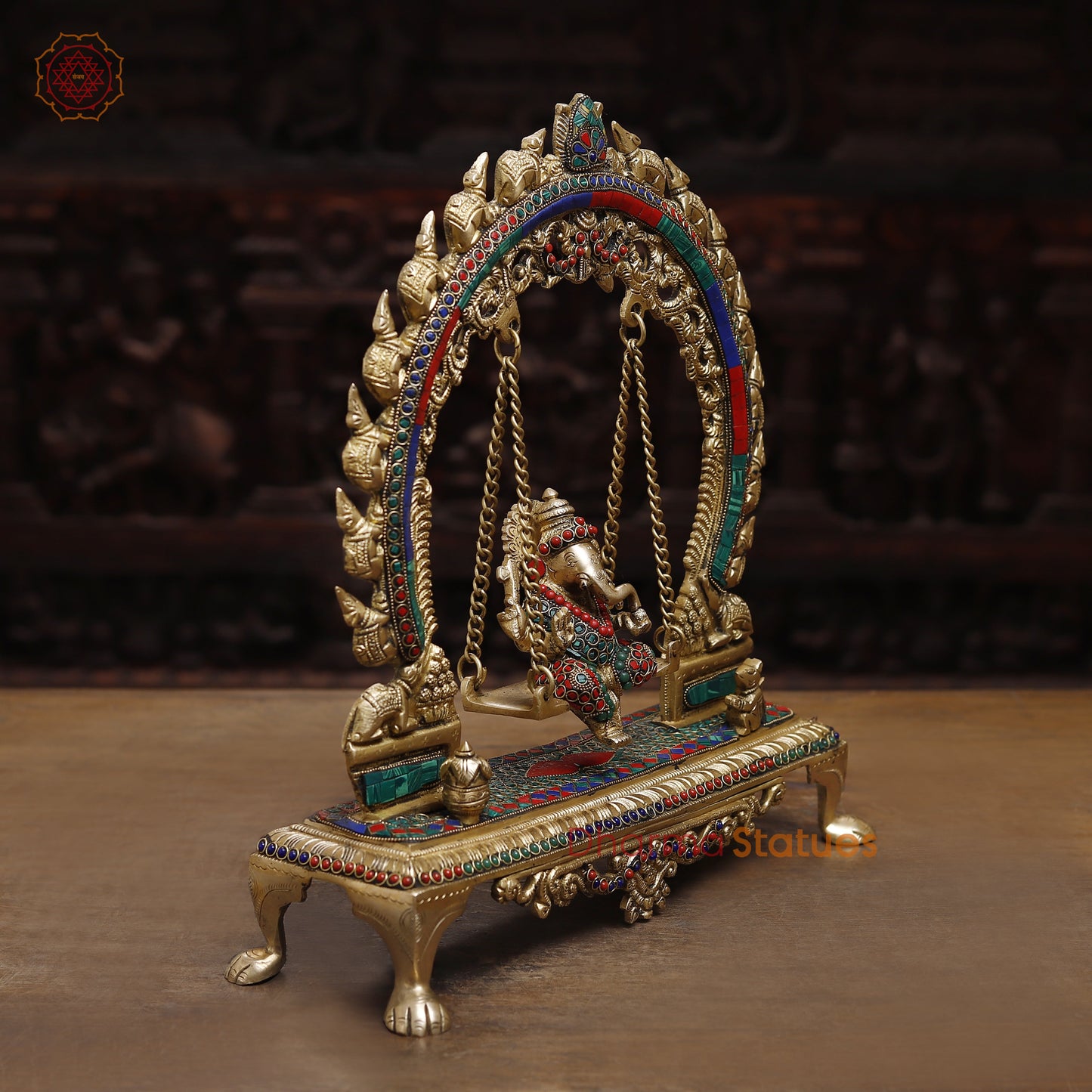 Brass Ganesh on a Swing, Stonework & Golden Finish, 15.5"