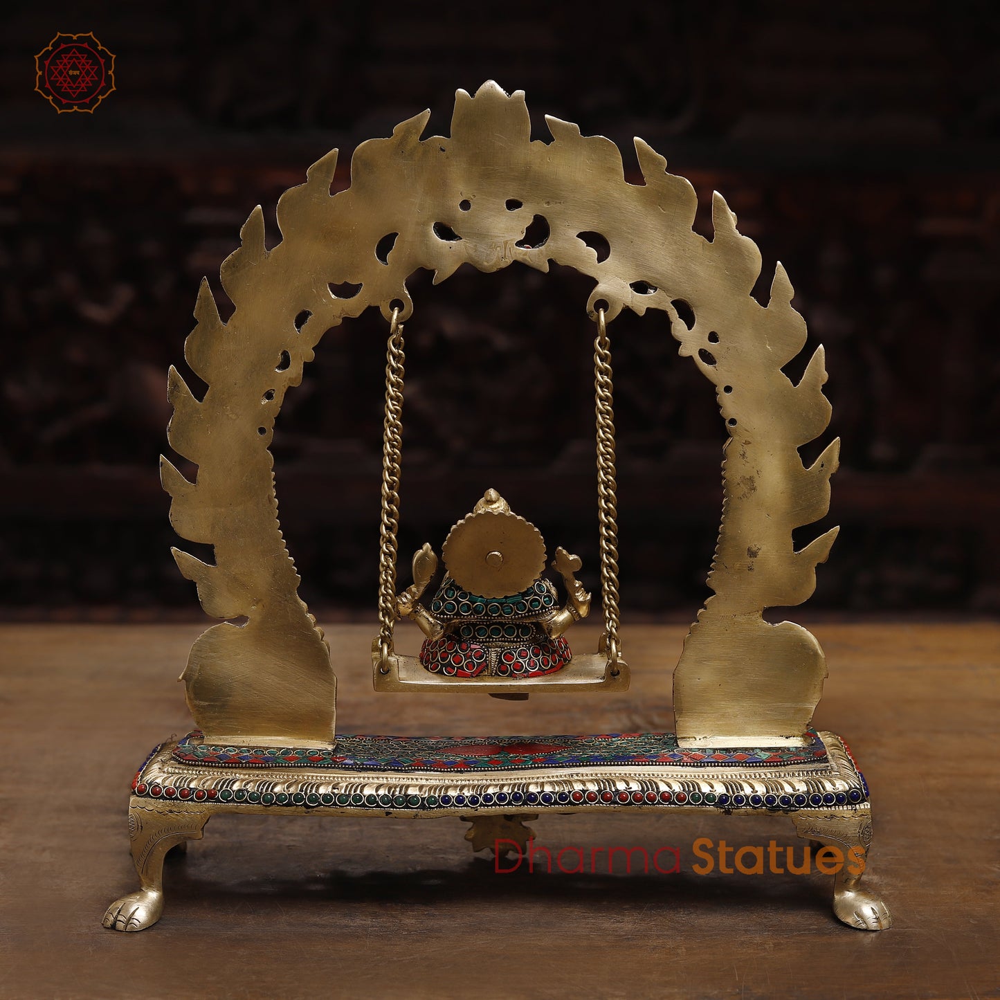 Brass Ganesh on a Swing, Stonework & Golden Finish, 15.5"