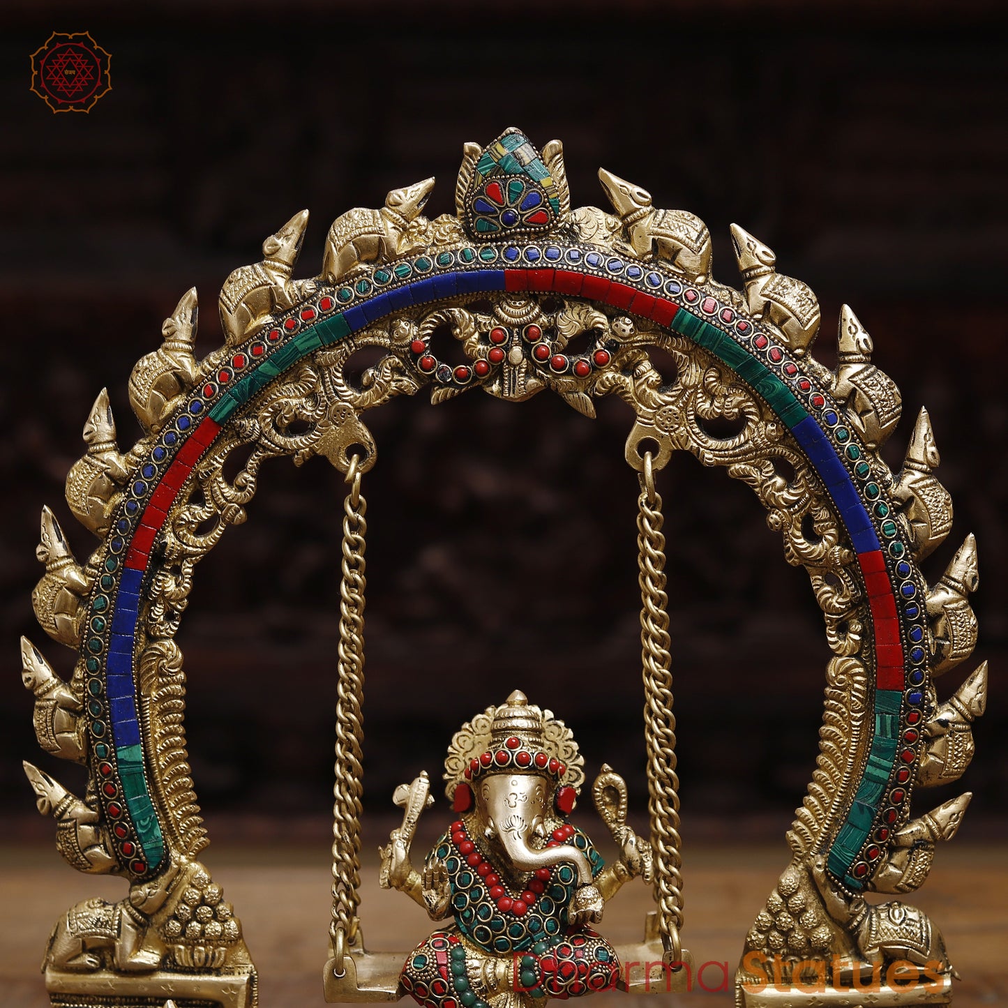 Brass Ganesh on a Swing, Stonework & Golden Finish, 15.5"