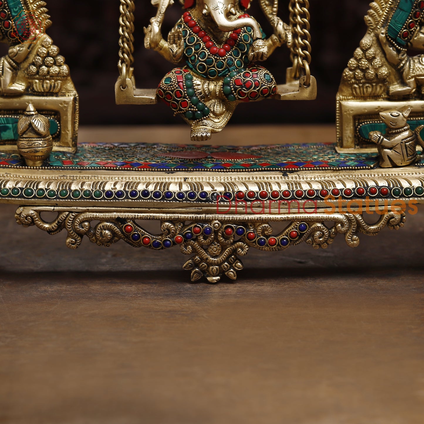 Brass Ganesh on a Swing, Stonework & Golden Finish, 15.5"