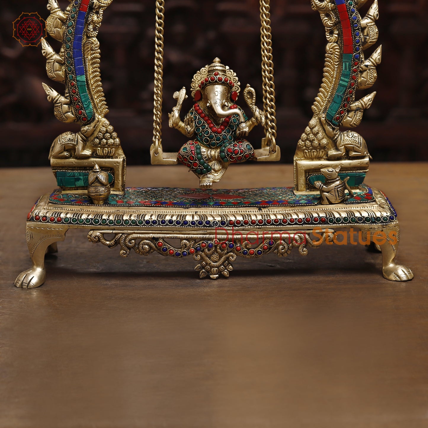 Brass Ganesh on a Swing, Stonework & Golden Finish, 15.5"