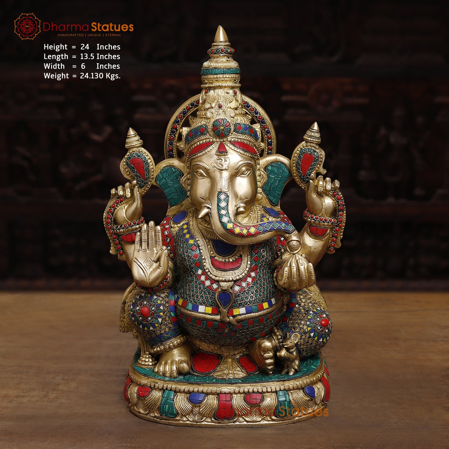 Brass Ganesh Seated in Blessing Posture, Stonework & Golden Finish, 24"