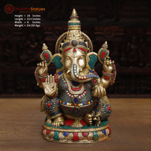 Brass Ganesh Seated in Blessing Posture, Stonework & Golden Finish, 24"
