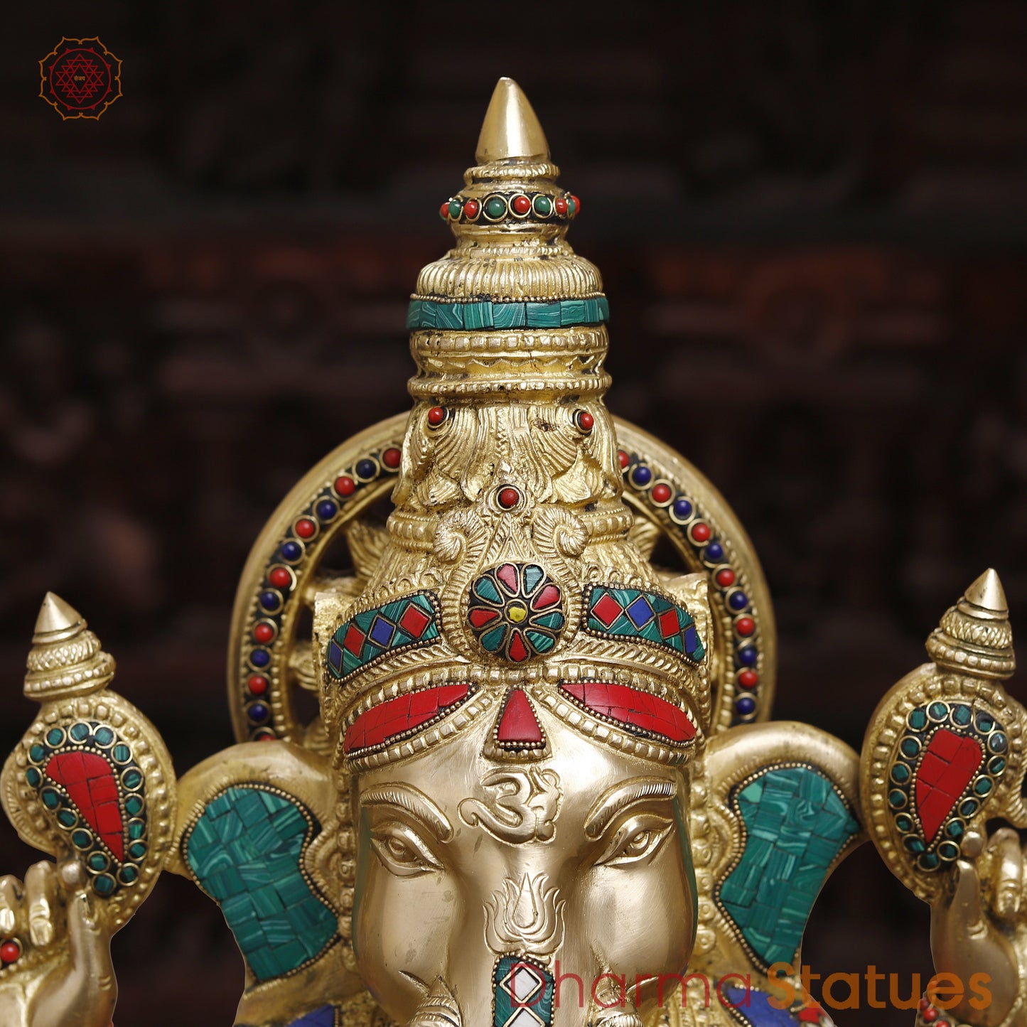 Brass Ganesh Seated in Blessing Posture, Stonework & Golden Finish, 24"