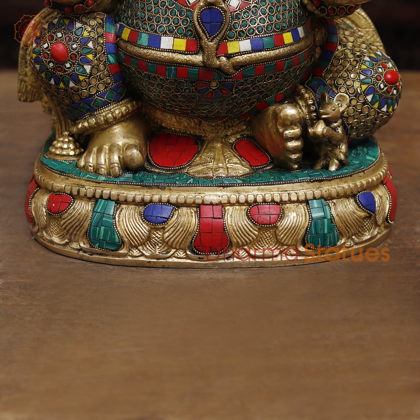 Brass Ganesh Seated in Blessing Posture, Stonework & Golden Finish, 24"