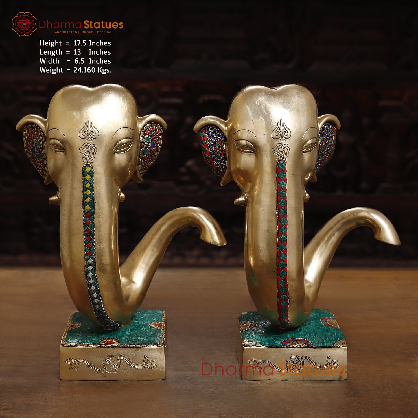Brass Modern Ganesh Head, Stonework & Golden Fine Finish, 17.5"