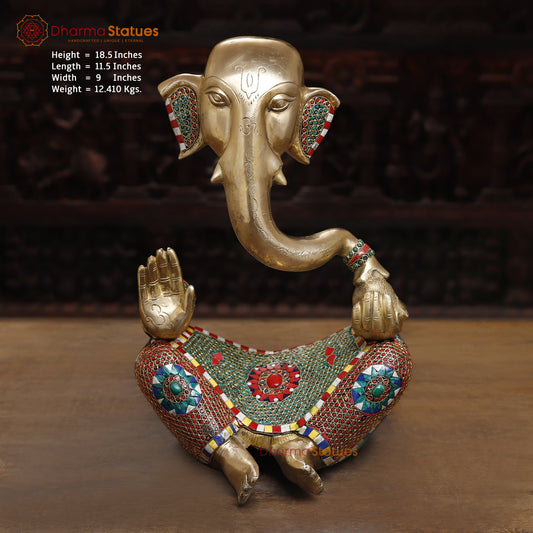 Brass Modern Ganesh Idol, Golden & Stonework, 18.5"