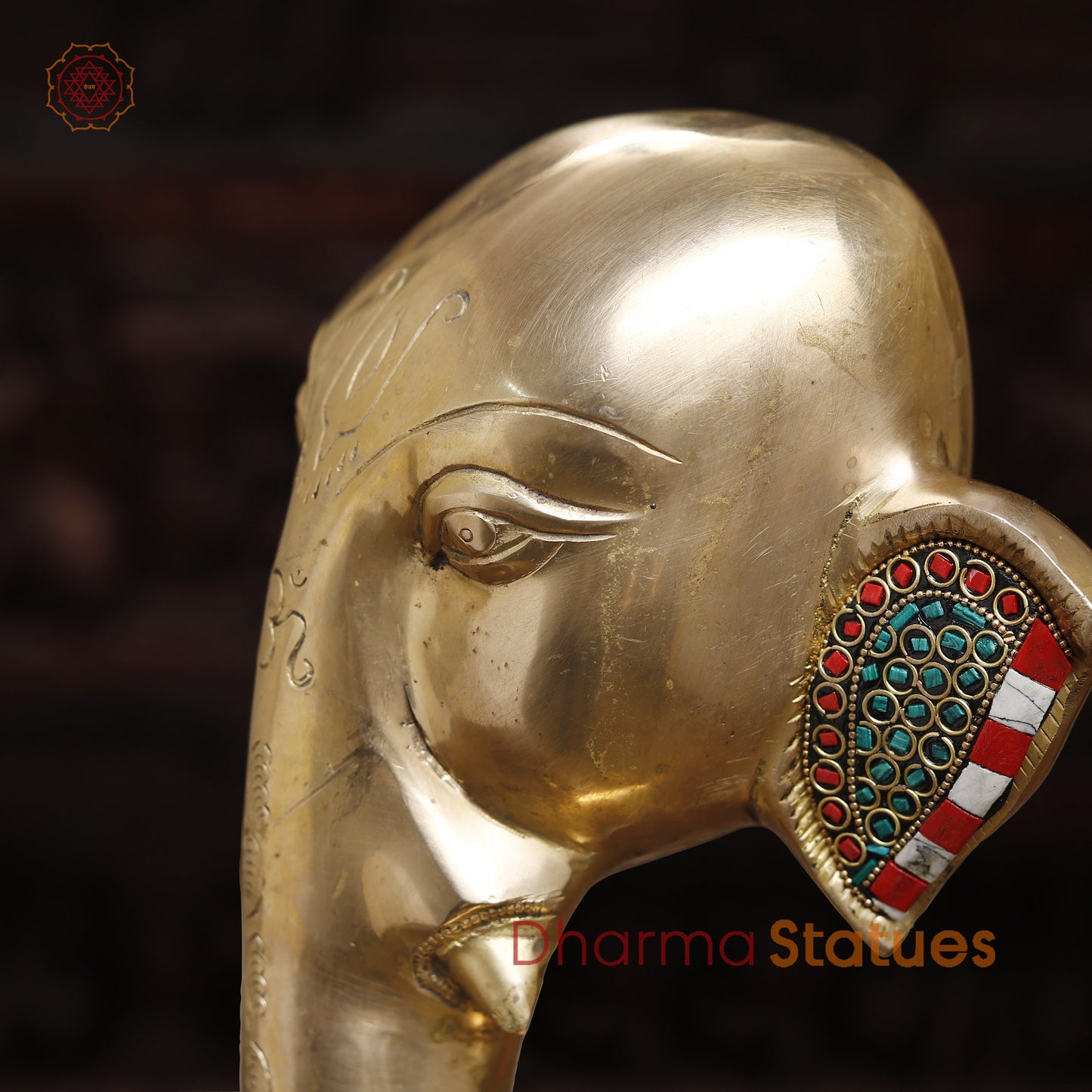 Brass Modern Ganesh Idol, Golden & Stonework, 18.5"