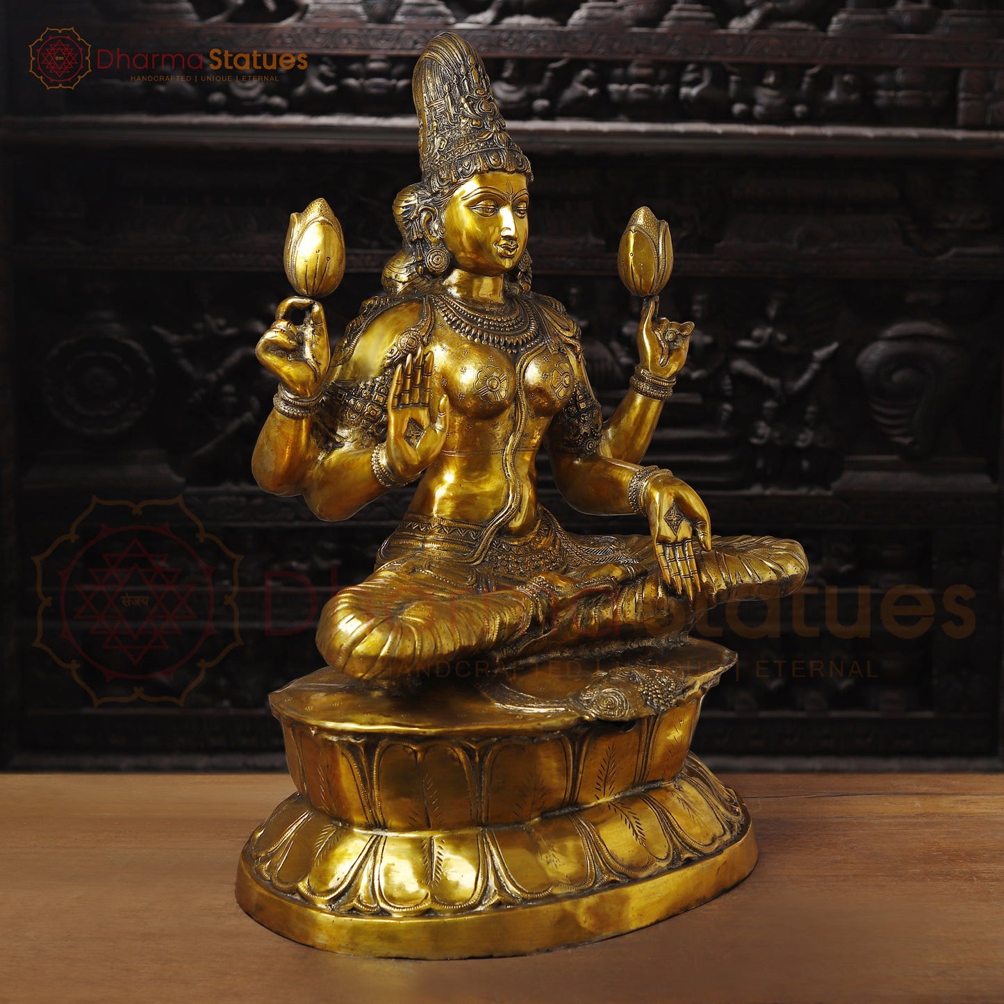 Lakshmi Brass Idol, Sitting on Lotus Pedastal , Fine Golden Work 34"