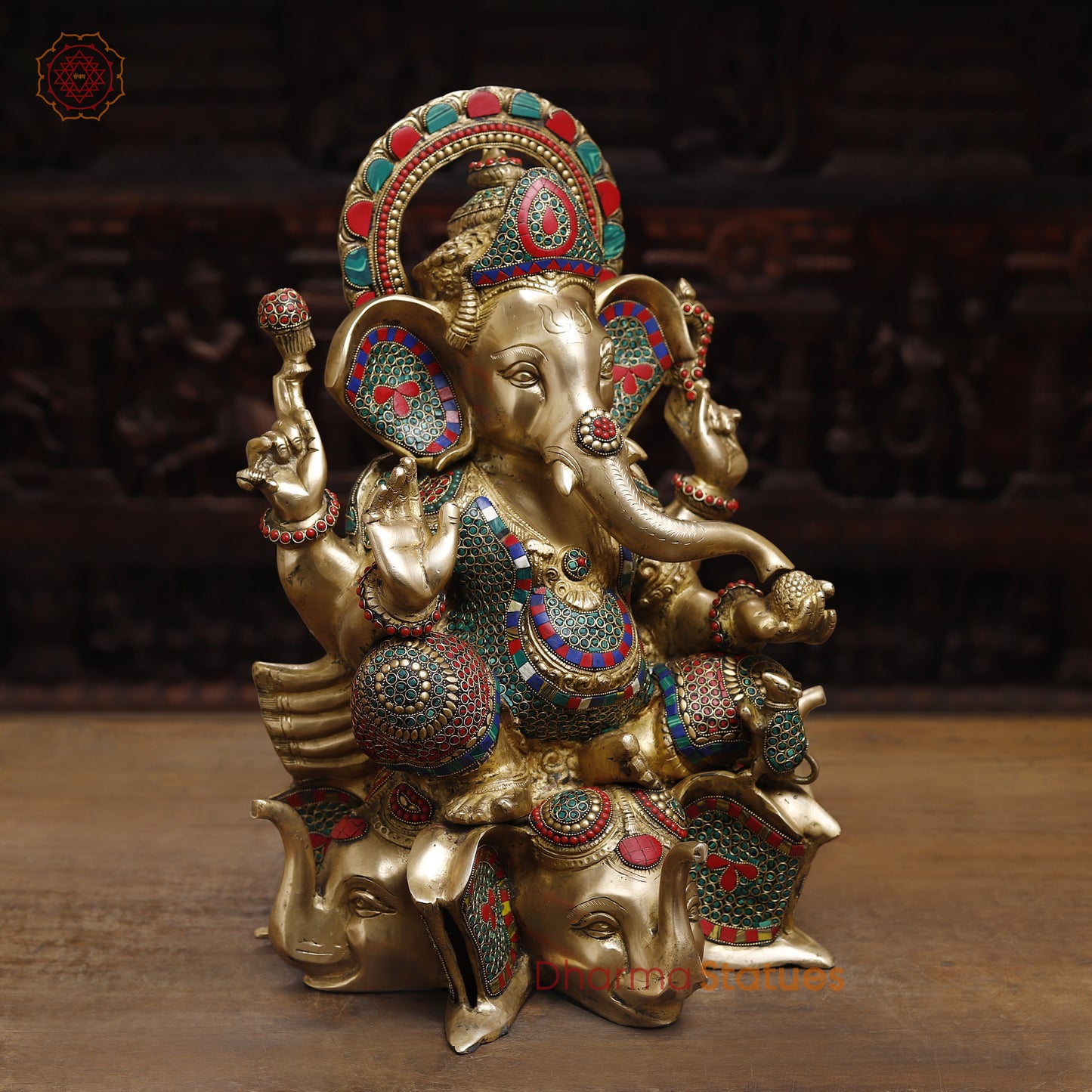Brass Ganesh Seated on Elephant Pedestal, Stonework & Golden Finish, 20"