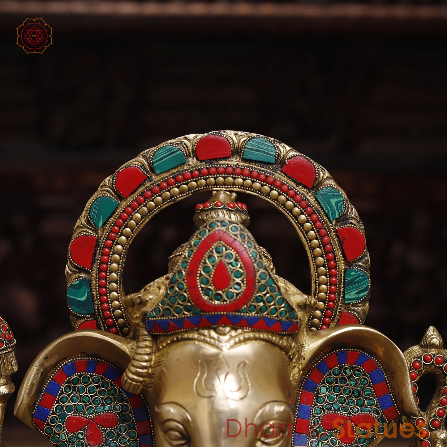 Brass Ganesh Seated on Elephant Pedestal, Stonework & Golden Finish, 20"