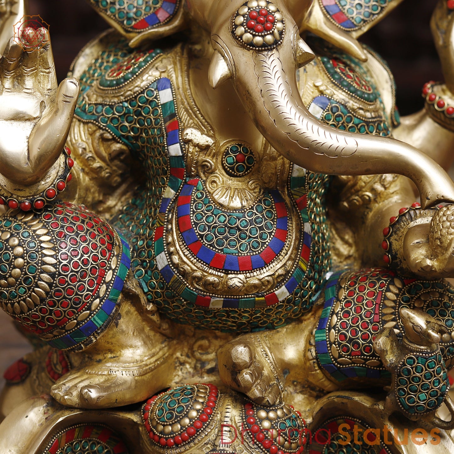 Brass Ganesh Seated on Elephant Pedestal, Stonework & Golden Finish, 20"