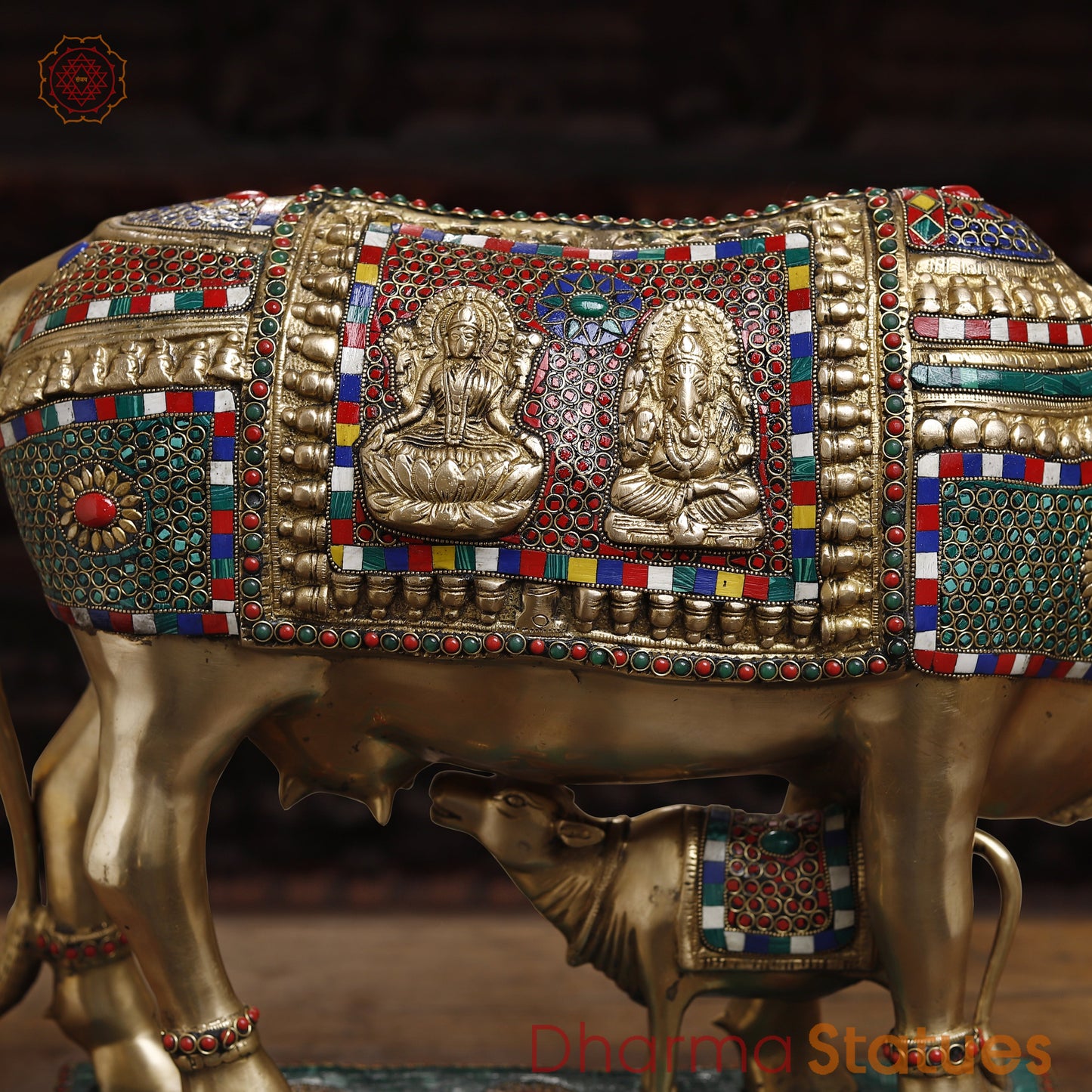 Brass Kamdhenu Cow, Feeding His calf, Lakshmi & Ganesh Engraved, Golden and Stone work 9.5"