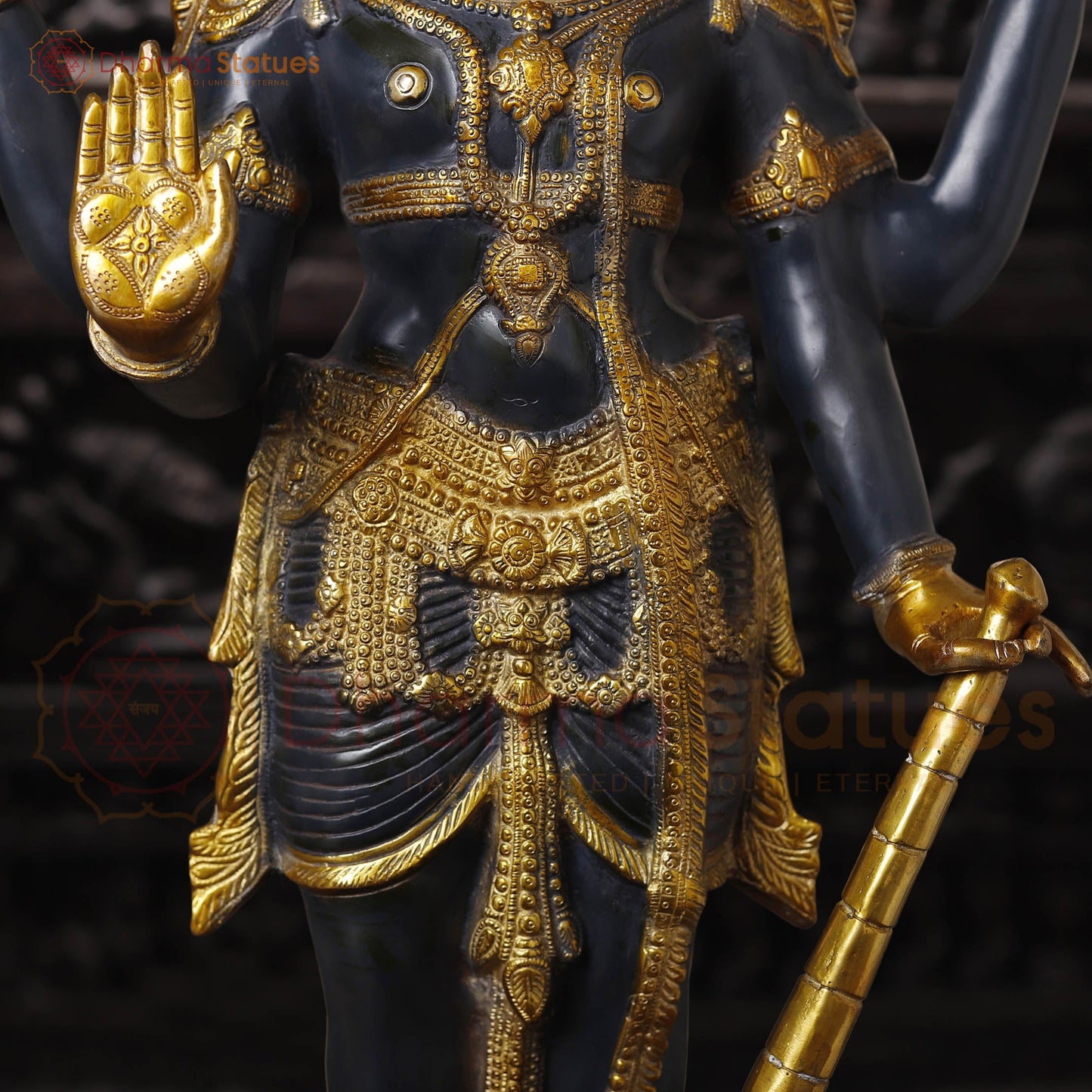 Brass Vishnu Idol, Standing With Chakra & Conch, Black Patina with Golden Accents 41"