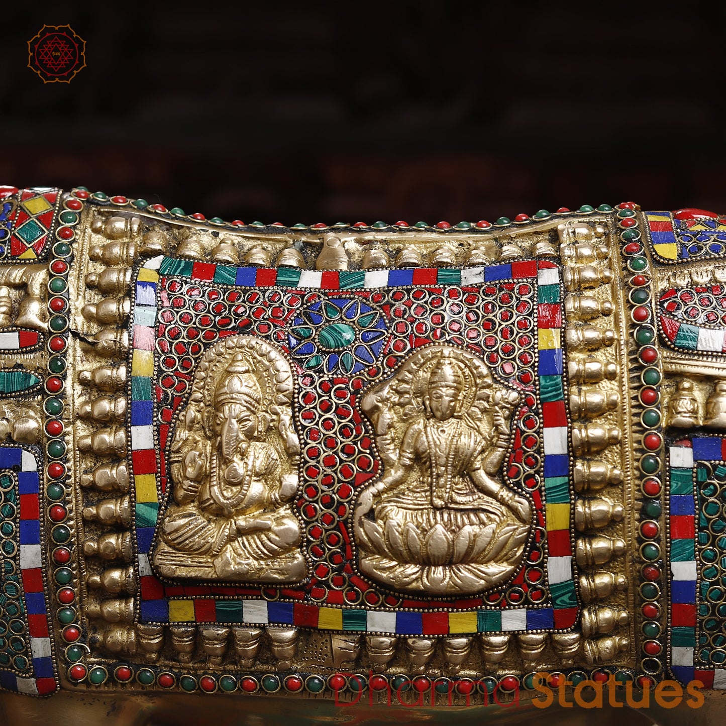 Brass Kamdhenu Cow, Feeding His calf, Lakshmi & Ganesh Engraved, Golden and Stone work 9.5"
