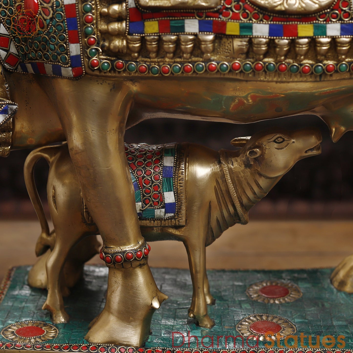 Brass Kamdhenu Cow, Feeding His calf, Lakshmi & Ganesh Engraved, Golden and Stone work 9.5"