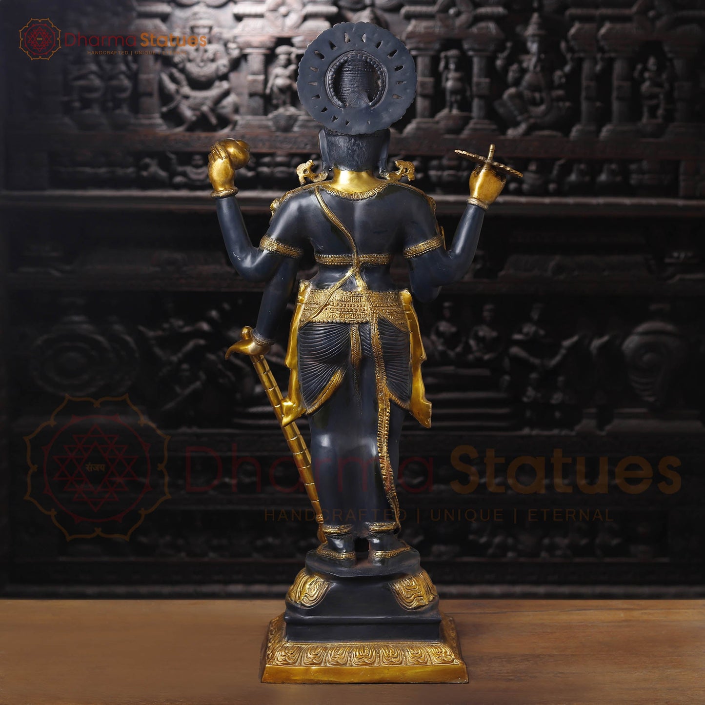 Brass Vishnu Idol, Standing With Chakra & Conch, Black Patina with Golden Accents 41"