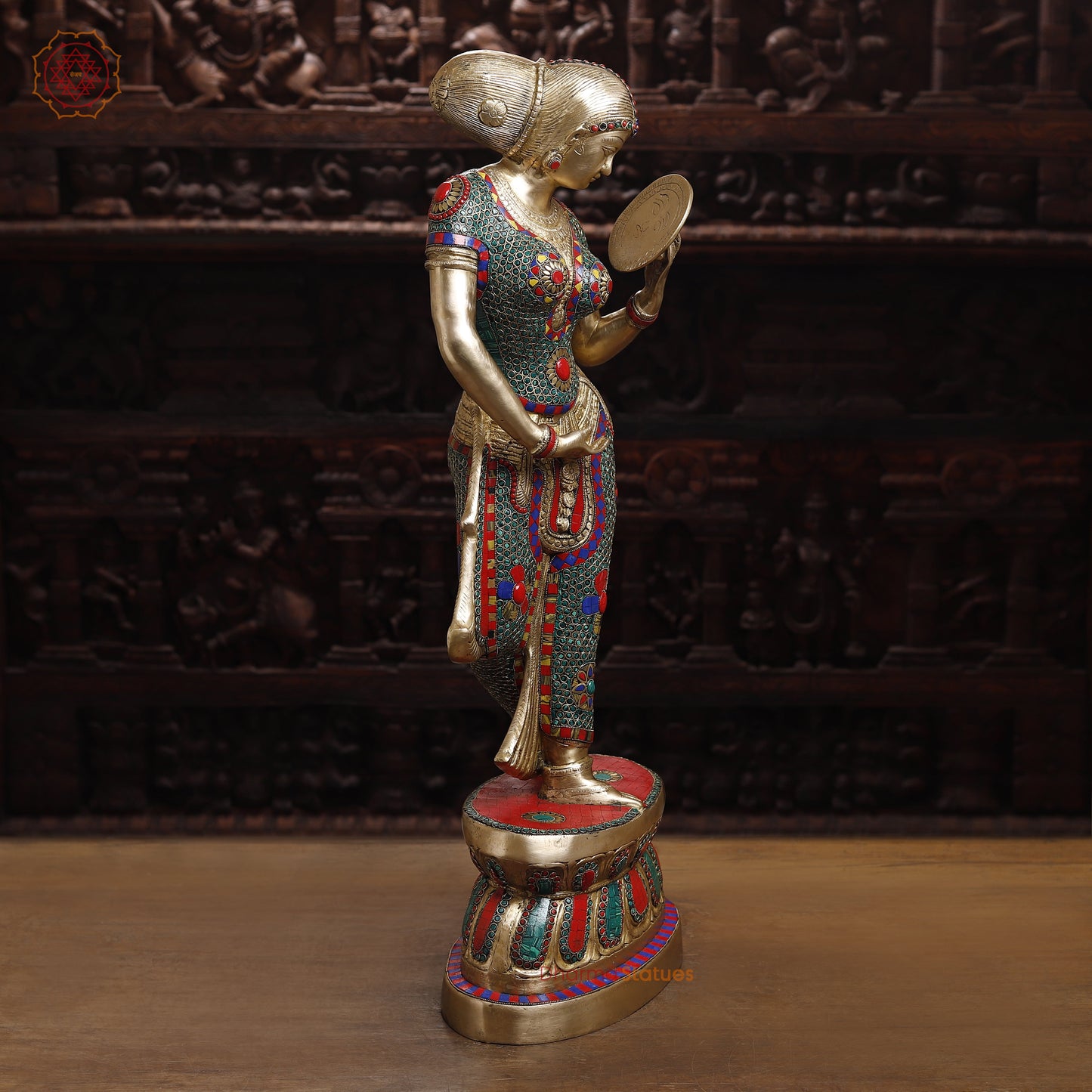 Brass Mirror Lady with Inlay Work, Stonework & Golden Finish, 35"