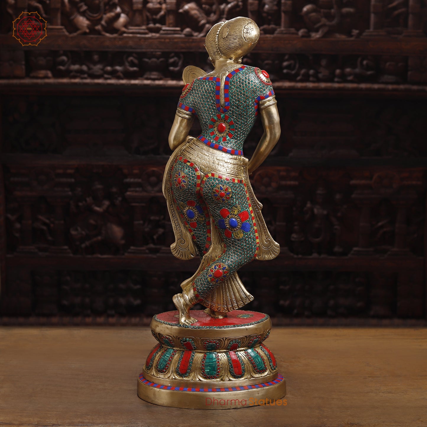 Brass Mirror Lady with Inlay Work, Stonework & Golden Finish, 35"
