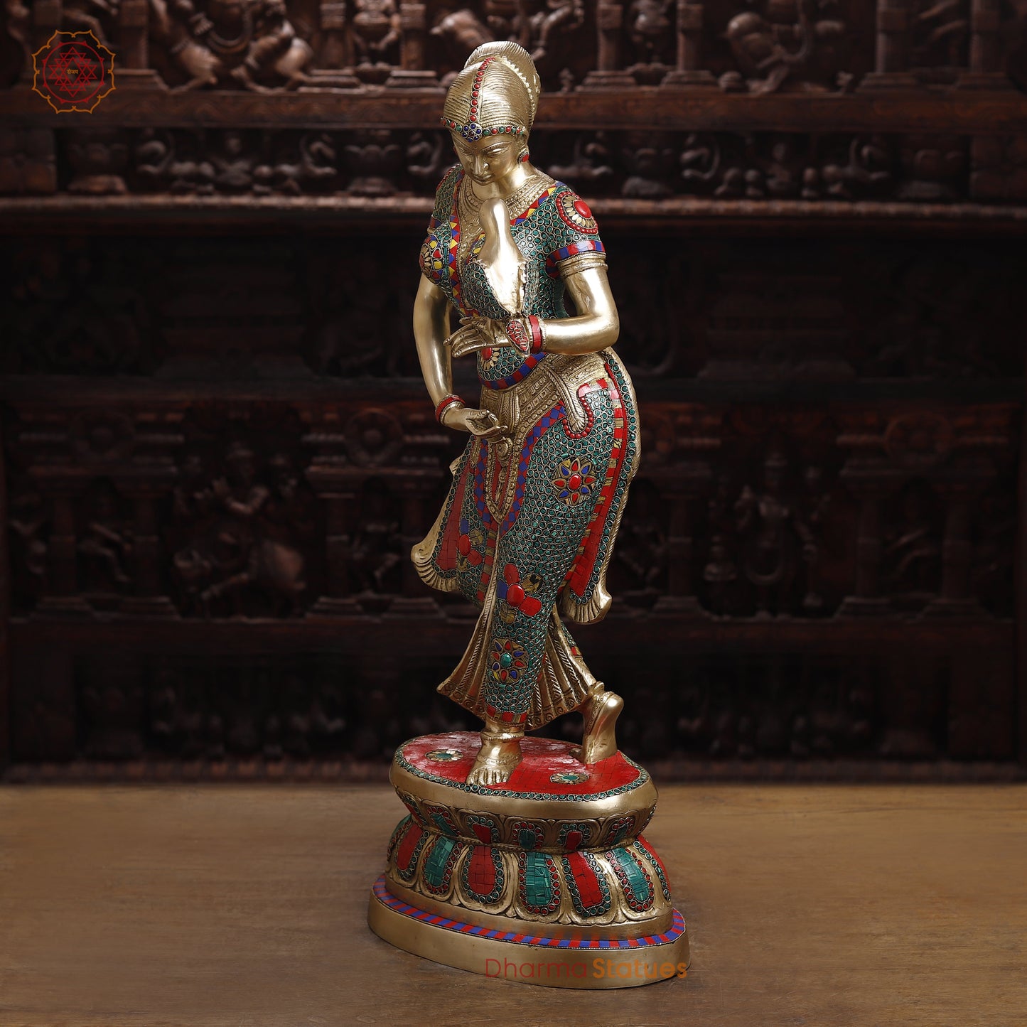 Brass Lady with Inlay Work, Stonework & Golden Finish, 35"