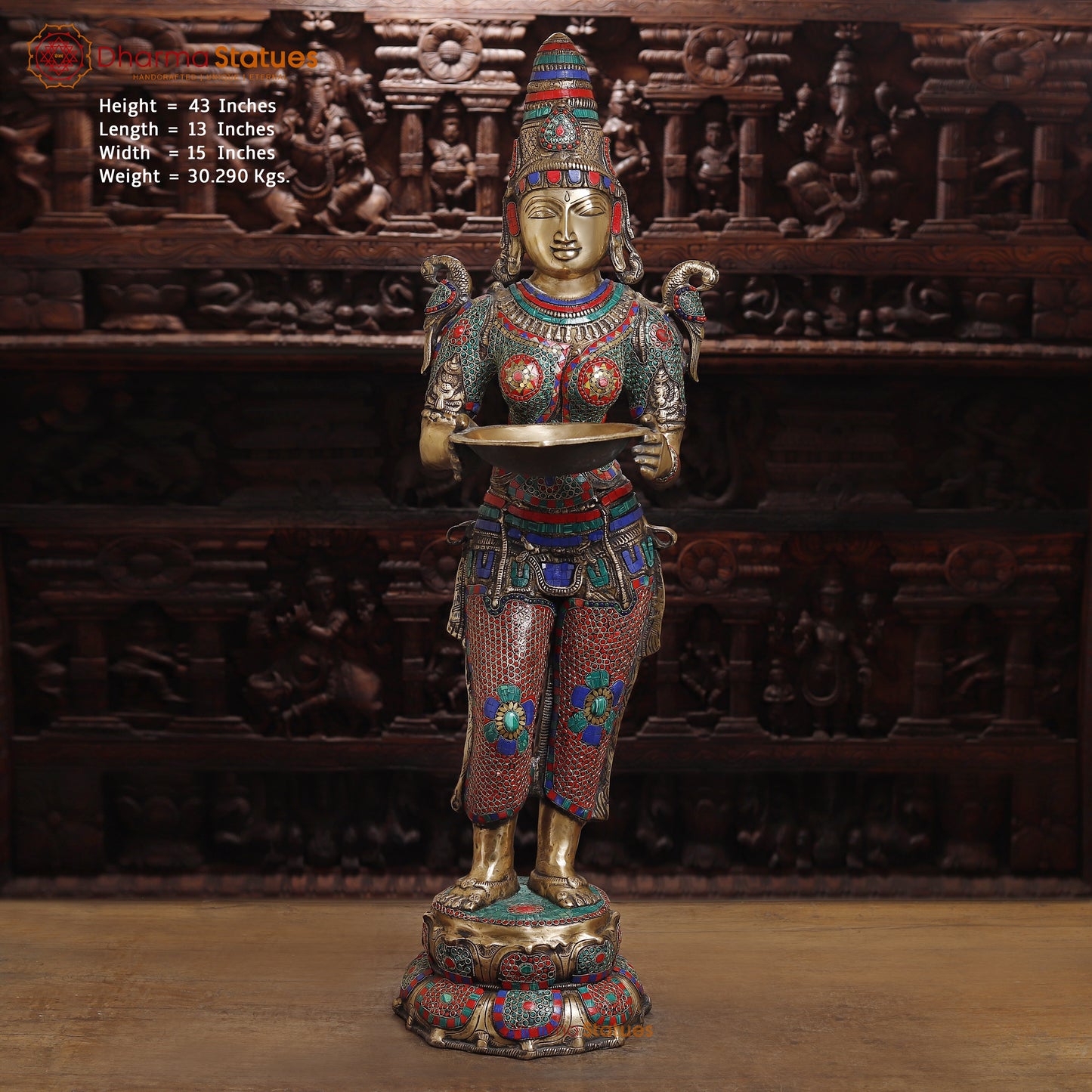 Brass Deep lakshmi with Fine Inlay Work, Stonework & Golden Finish, 43"