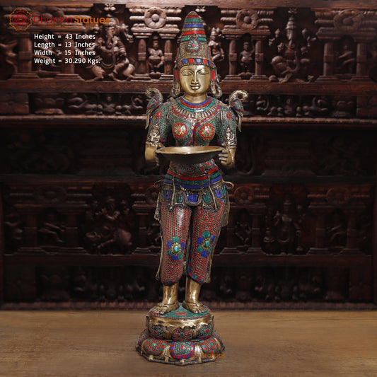 Brass Deep lakshmi with Fine Inlay Work, Stonework & Golden Finish, 43"