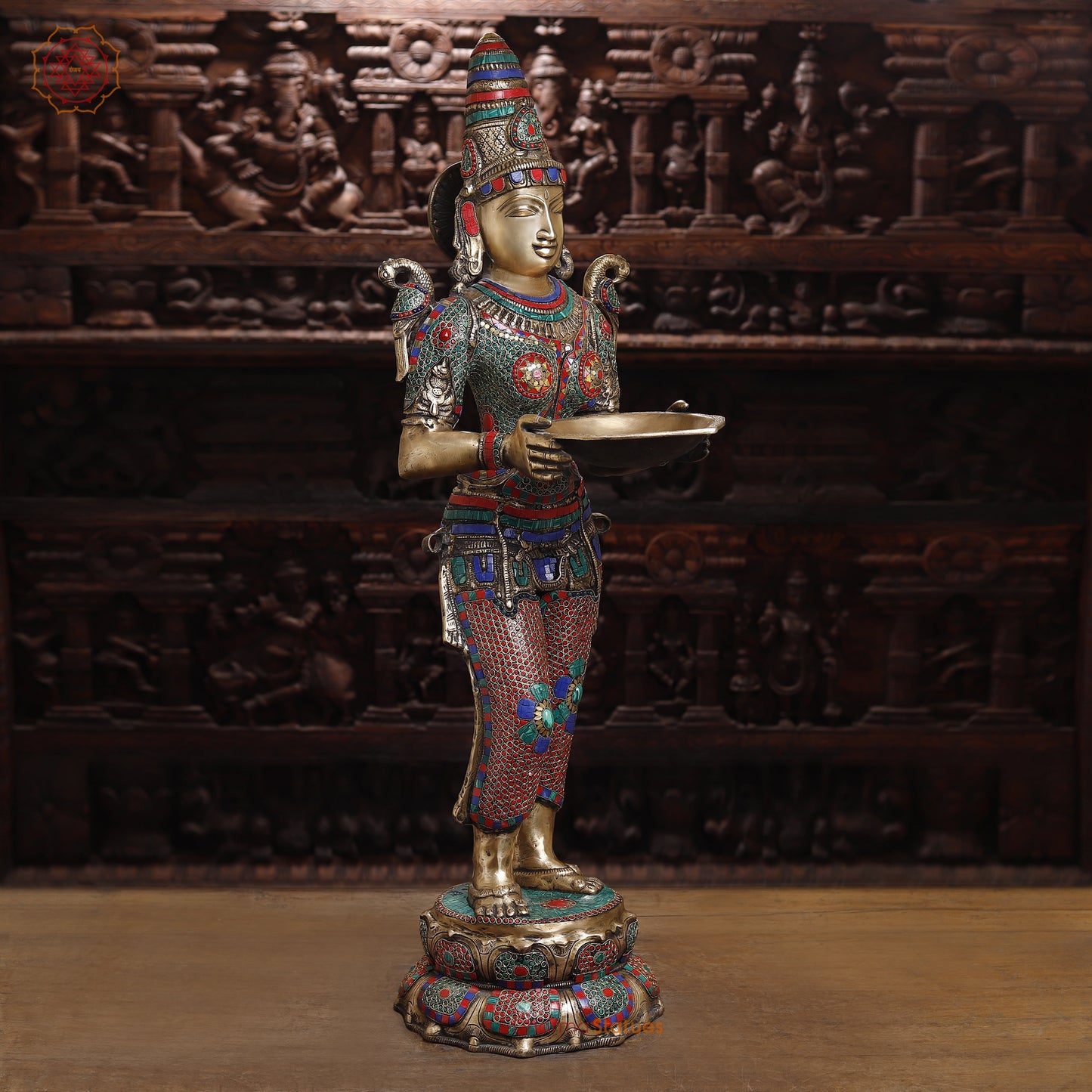 Brass Deep lakshmi with Fine Inlay Work, Stonework & Golden Finish, 43"