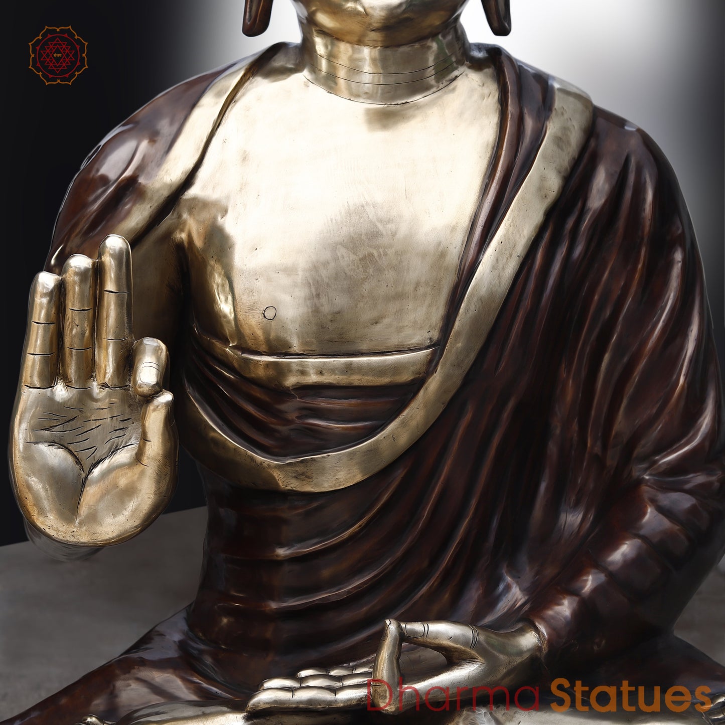 Brass Buddha seated in Blessing Posture, Golden & Copper Finish, 64"