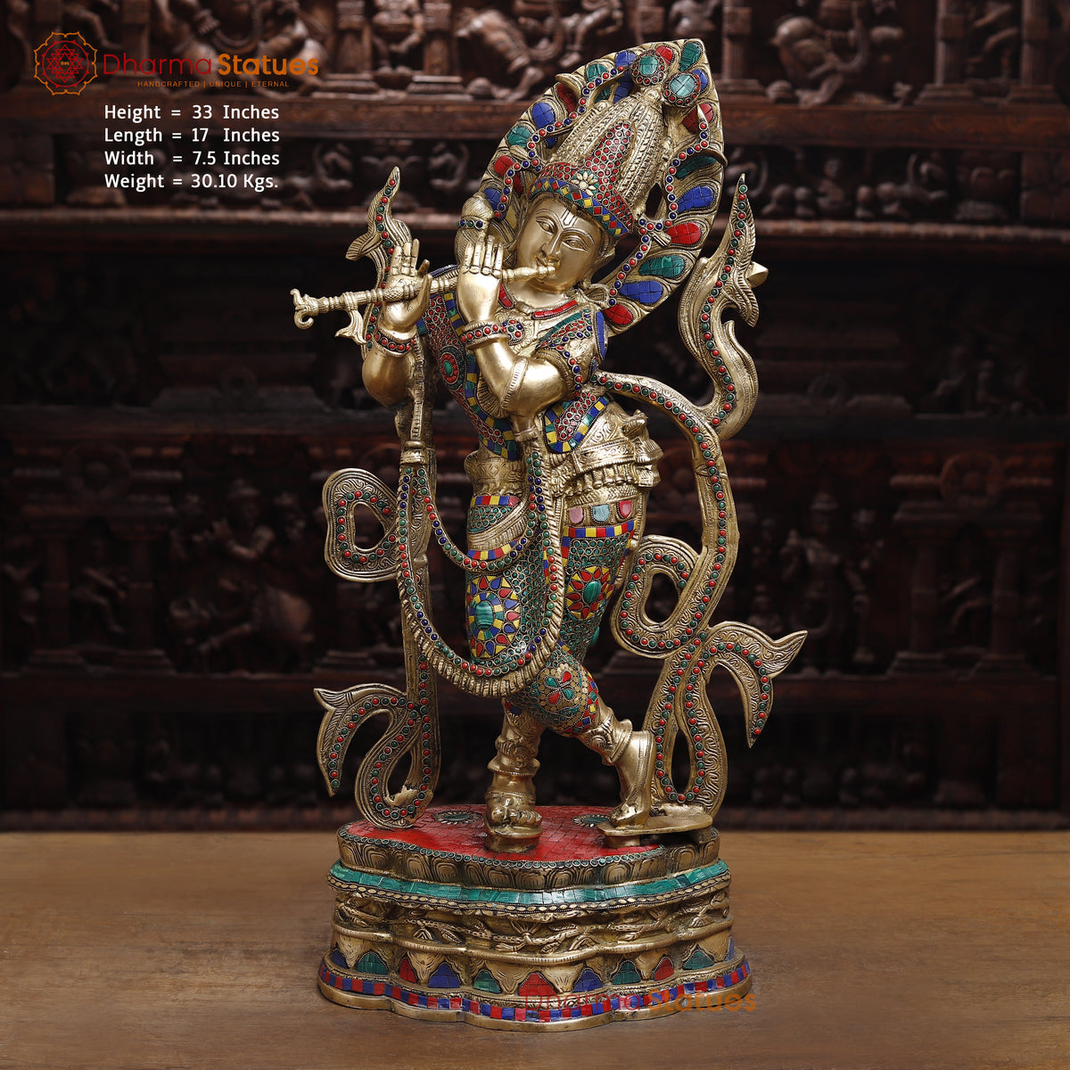 Brass Krishna Playing Flute, Stonework & Golden Finish, 33"