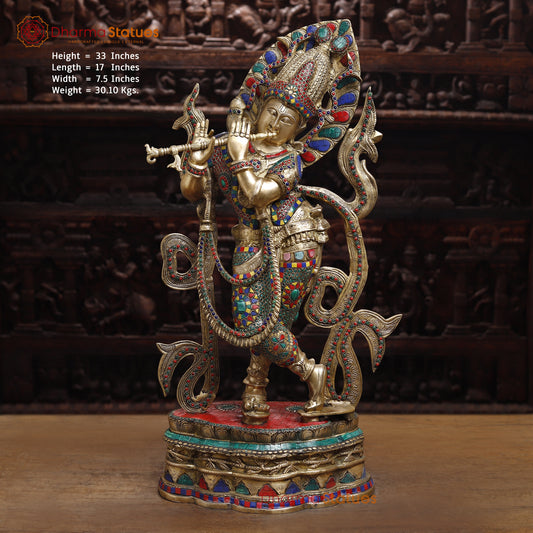 Brass Krishna Playing Flute, Stonework & Golden Finish, 33"