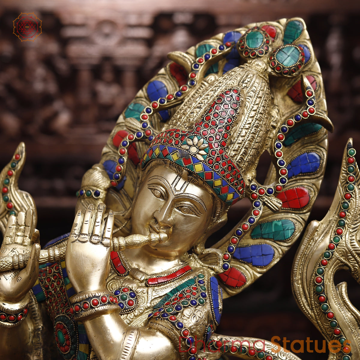 Brass Krishna Playing Flute, Stonework & Golden Finish, 33"