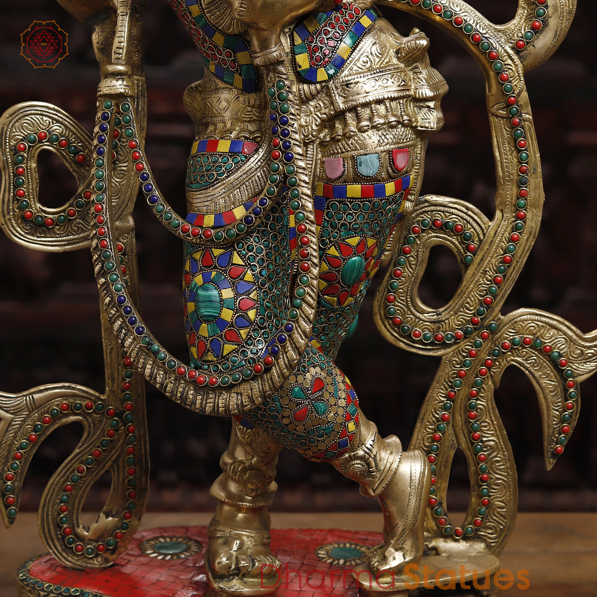 Brass Krishna Playing Flute, Stonework & Golden Finish, 33"