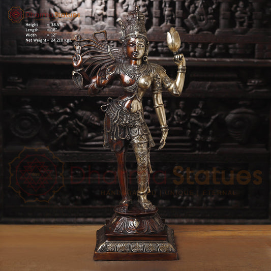 Brass Ardhanarishvara Standing, copper and golden tones, 38" Front View