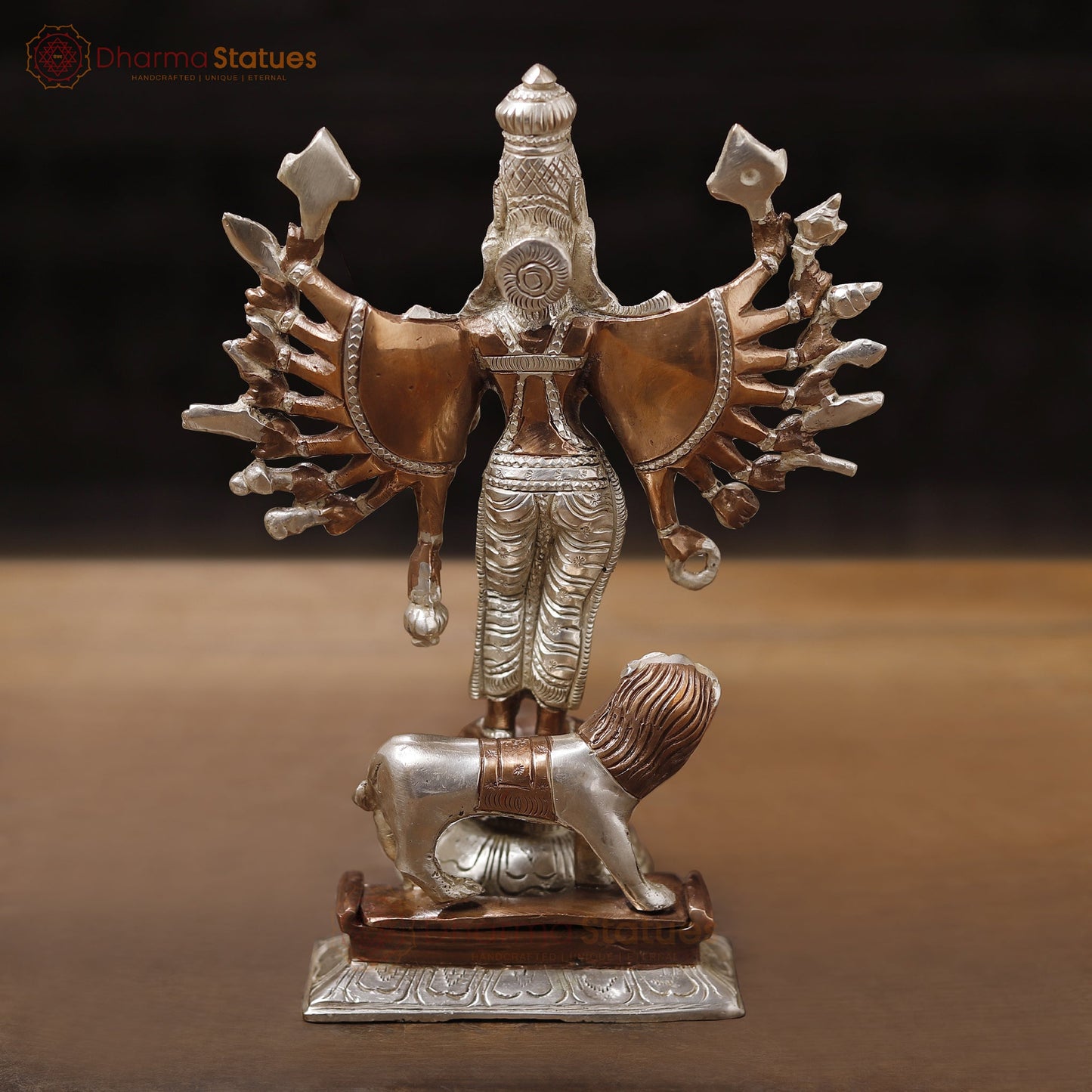 Brass Standing Durga (Bhogashakti), Exquisitely Handcrafted in Silver & Copper Finish, 9.5"