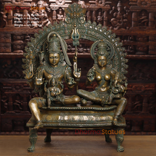 Brass Shiva, Parvati, Ganesh & Kartikeya, Golden & Green Finish, 55"