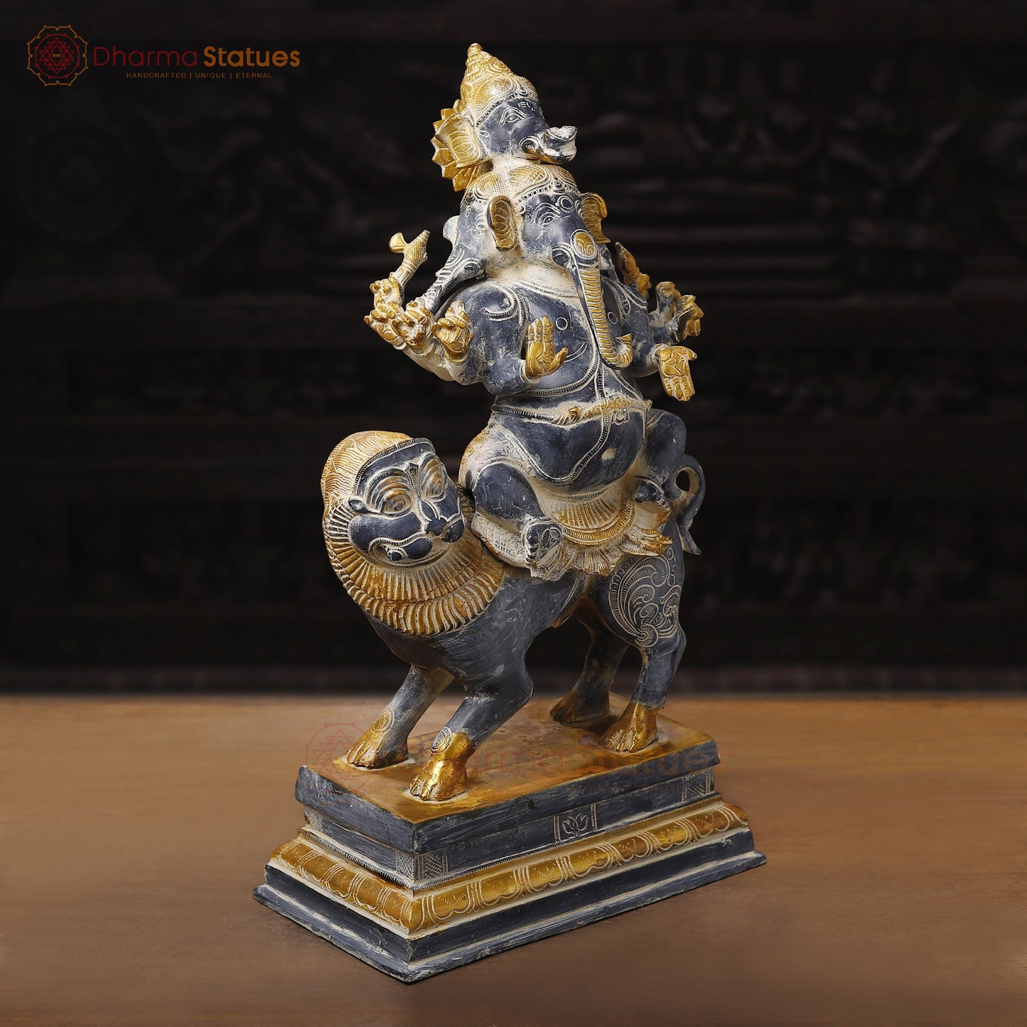 Brass Ganesh Panchmukhi Sitting On lion, Antique Finish, 24"