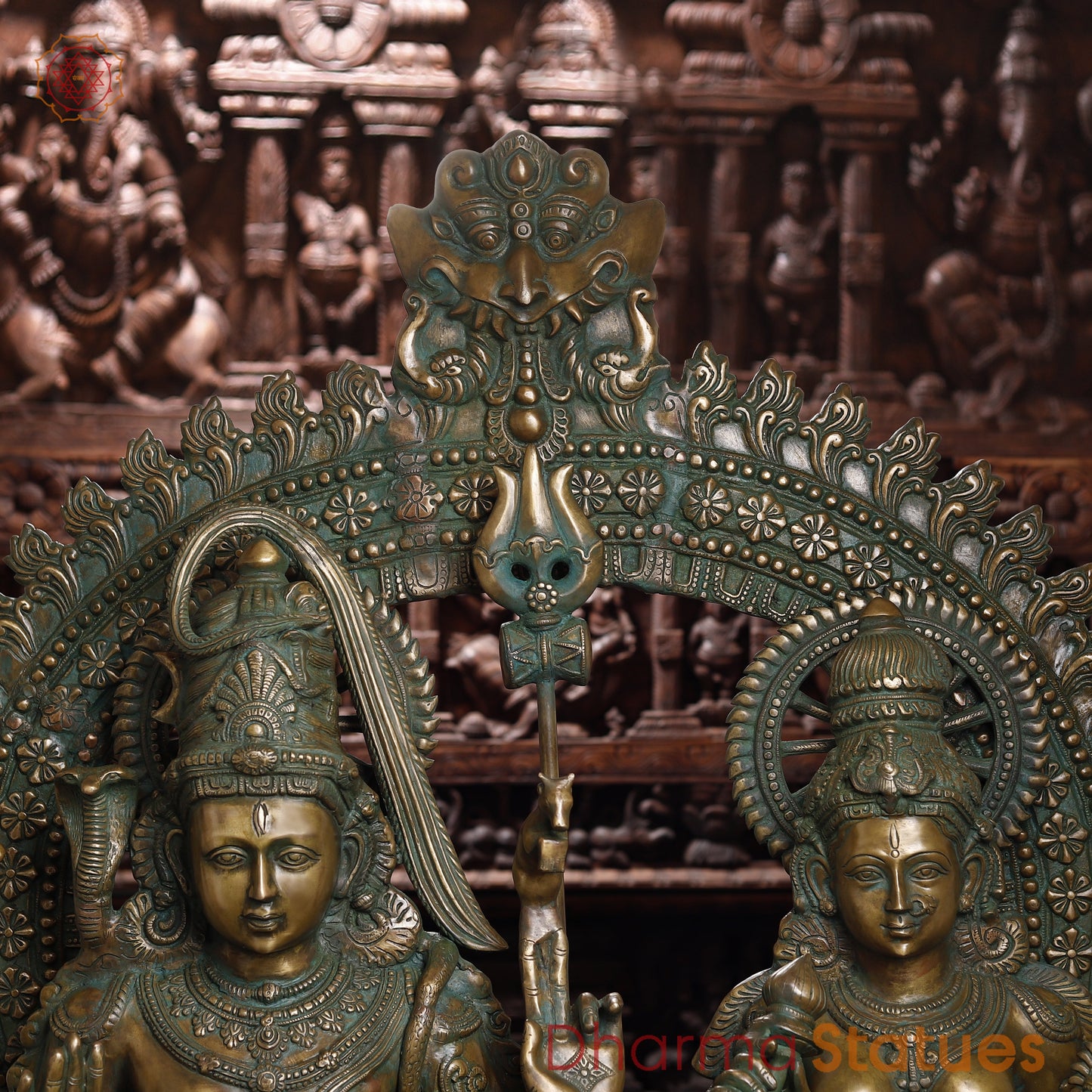 Brass Shiva, Parvati, Ganesh & Kartikeya, Golden & Green Finish, 55"