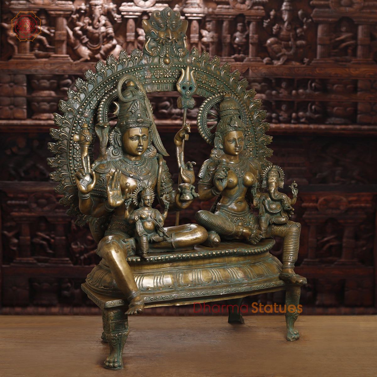 Brass Shiva, Parvati, Ganesh & Kartikeya, Golden & Green Finish, 55"