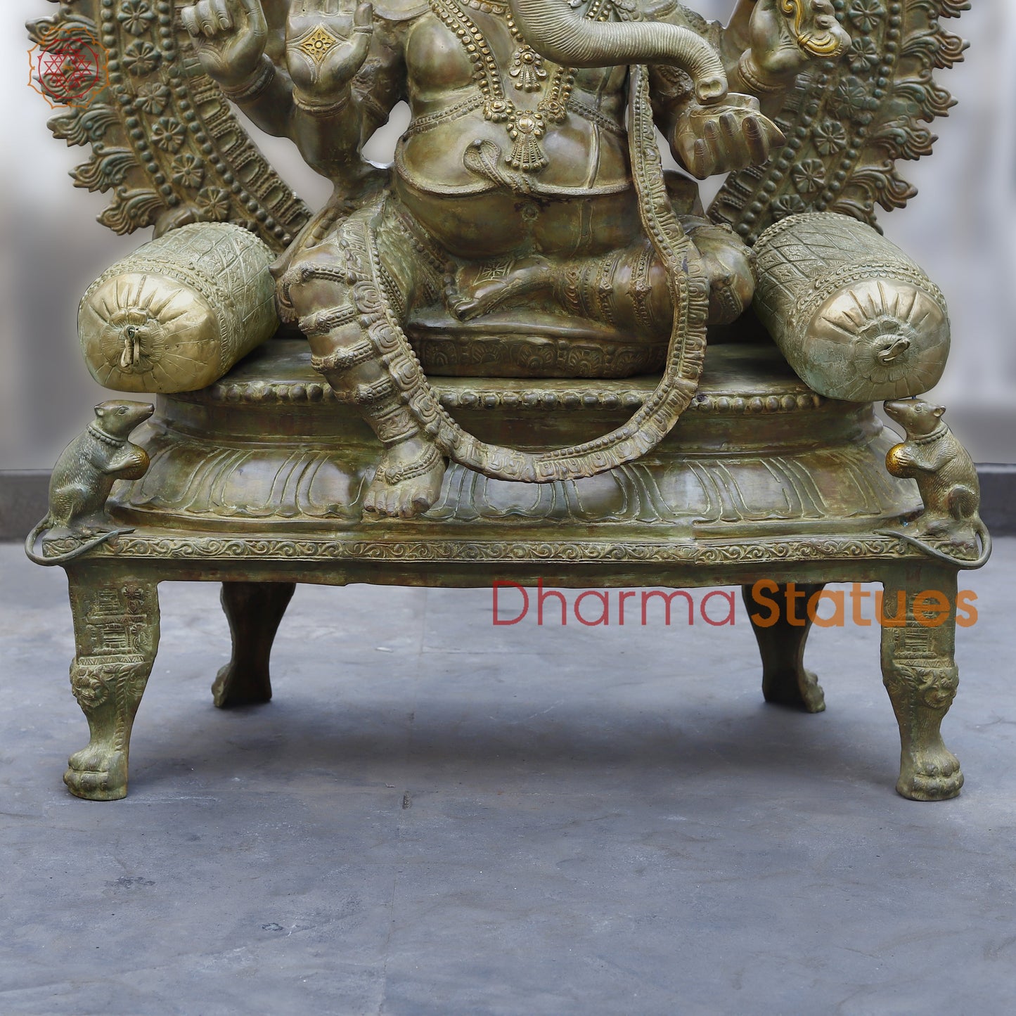 Brass Ganesh seated on Throne, Green Patina Finish, 66"