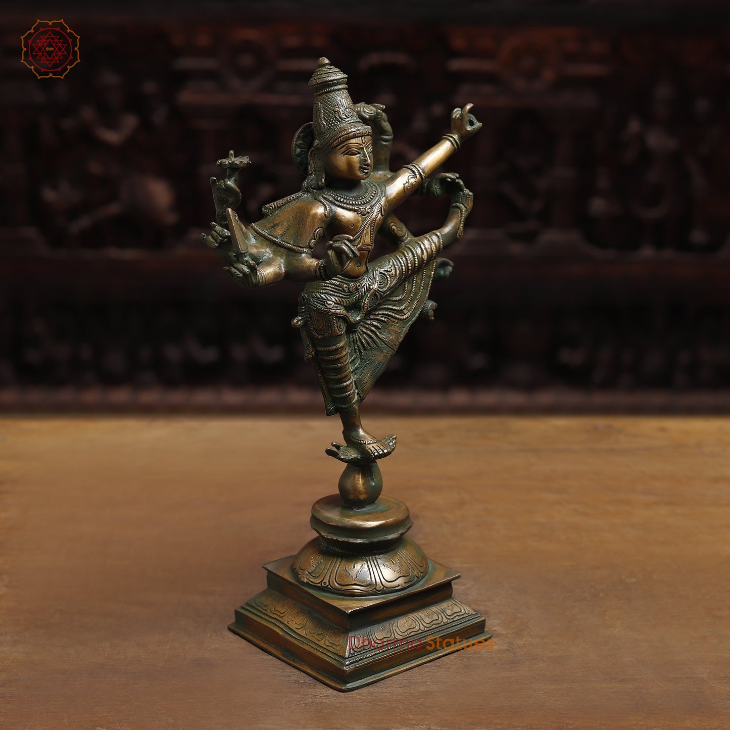 Brass Dancing Shiva, Goldenwith Green Patina Finish, 16.5"