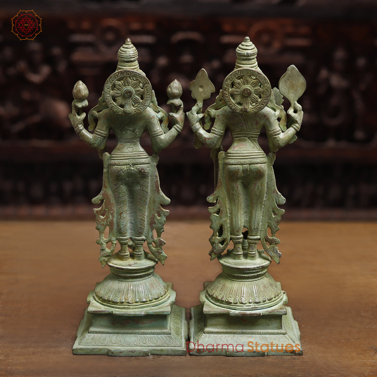 Brass Vishnu & Lakshmi, Green Patina Finish, 15"