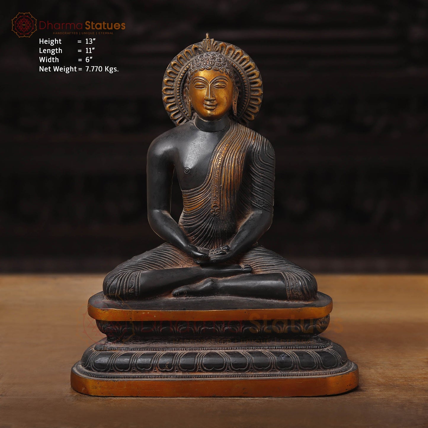 Brass Buddha Idol, Sitting In Meditation, Black and Gold Finish 13" Front View