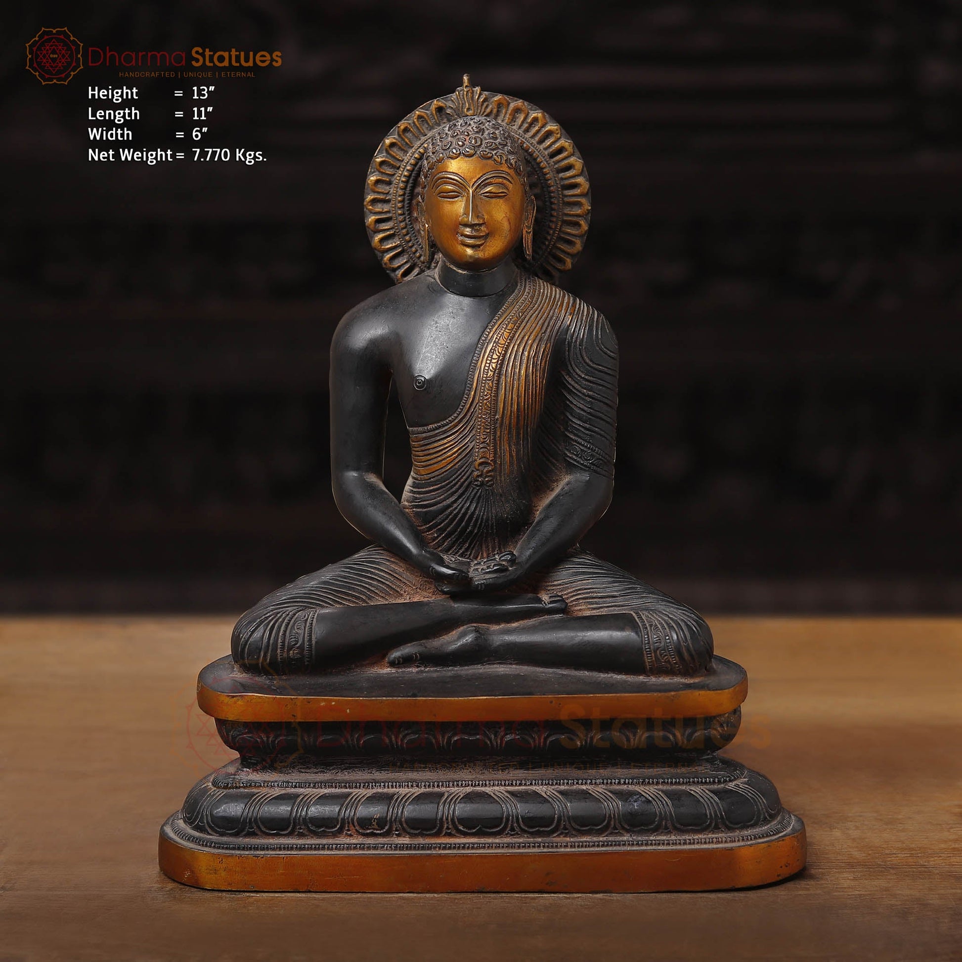 Brass Buddha Idol, Sitting In Meditation, Black and Gold Finish 13" Front View