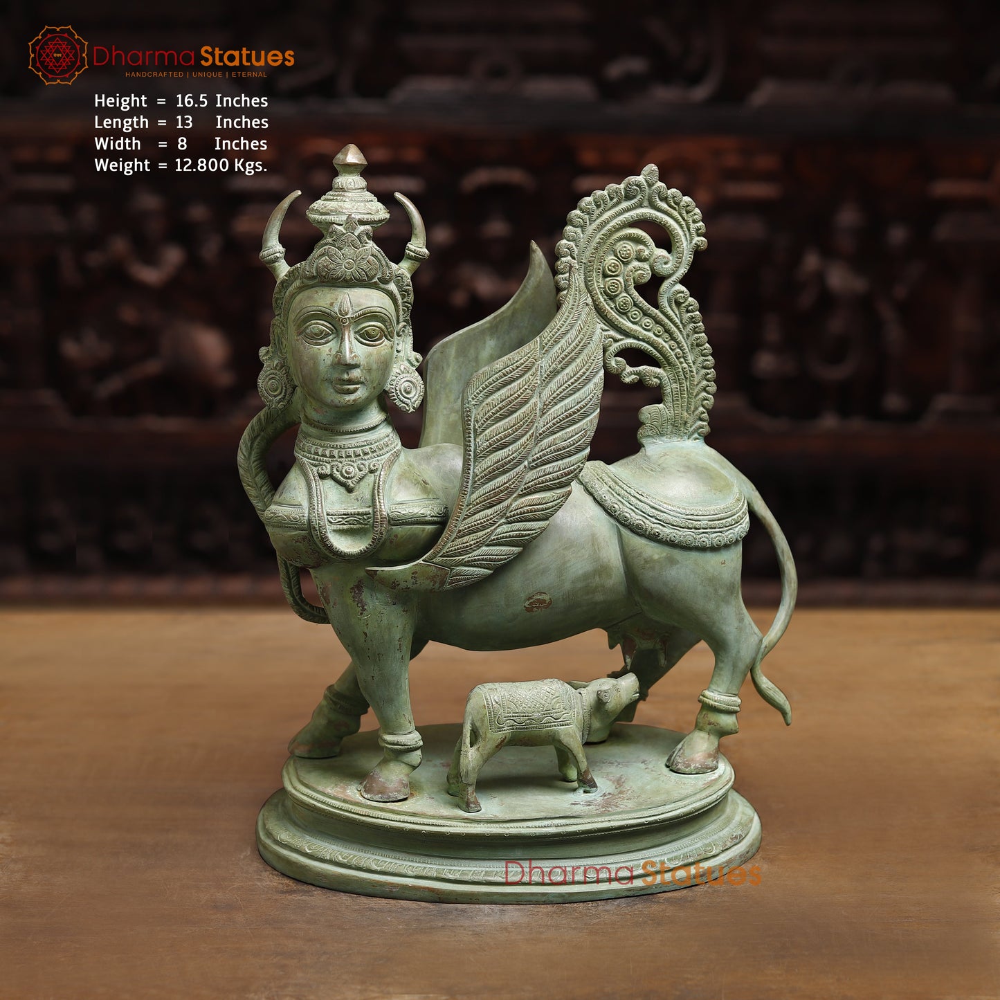 Brass Kamadhenu Cow with Calf, Antique Green Finish, 16.5"